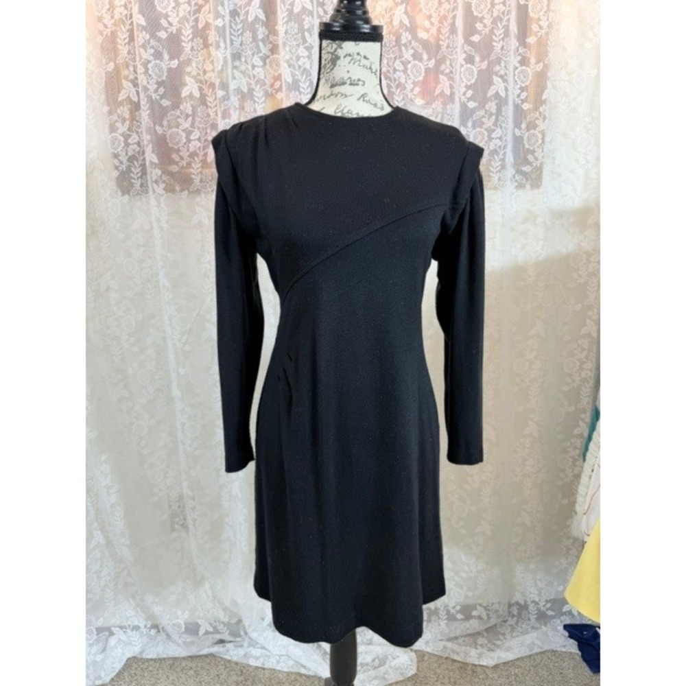 Vintage EXPO Black Long Sleeve Knit Dress 80s Padded Shoulder Wool Blend Size 6